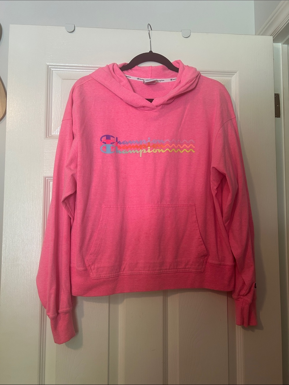 Champion Pink Pullover Hoodie with Multicolor Script